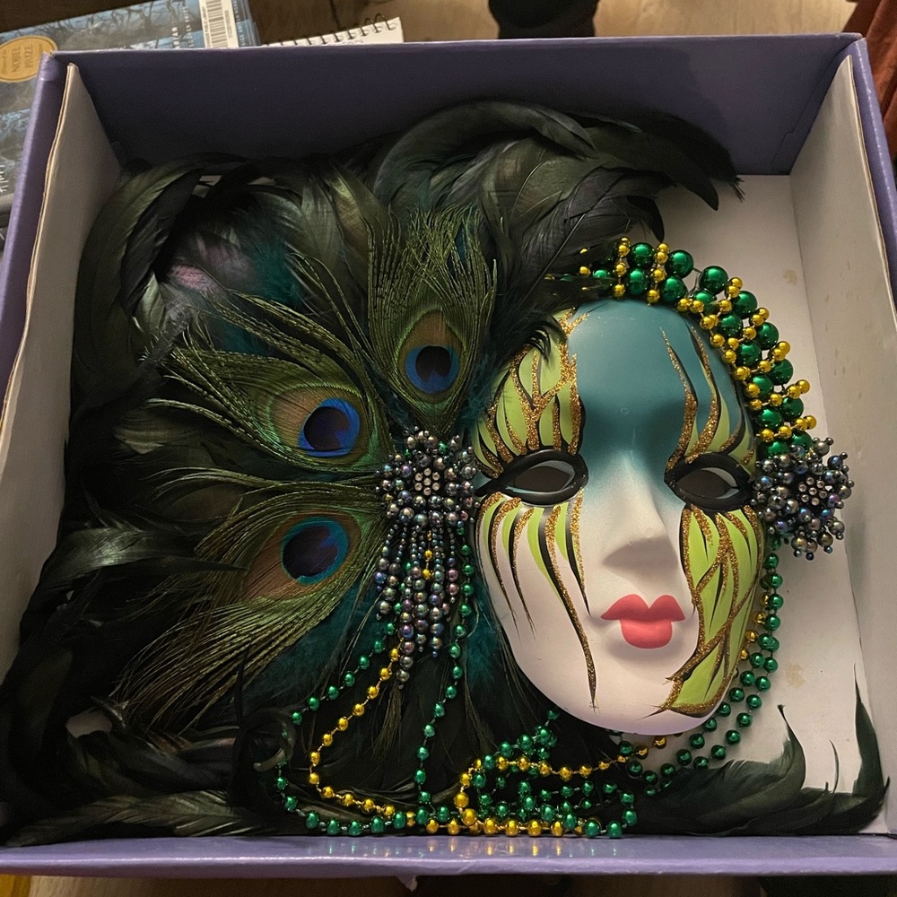 Peacock Feather Decorative Mask - Green Accent Home Accent